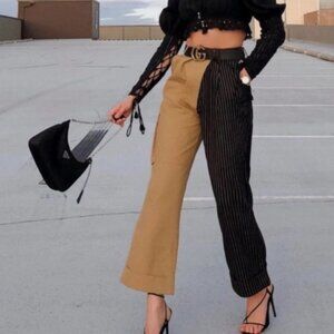 Choosy Khaki Two Tone Asymmetrical Waist Cuffed Trouser Utility Pants 4 NWT
